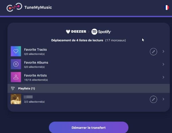 Démarrer le transfert Deezer Spotify dans TuneMyMusic