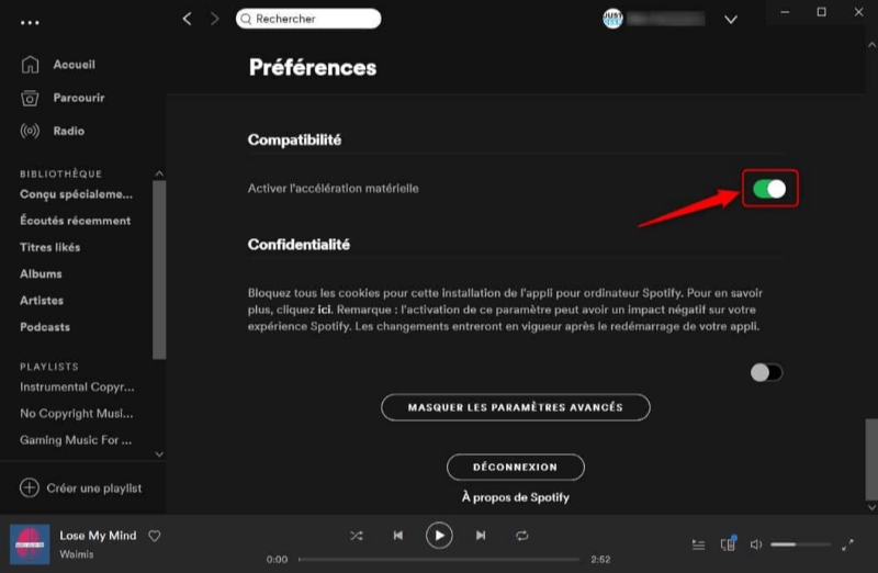 Désactivez l'accélération matérielle dans Spotify