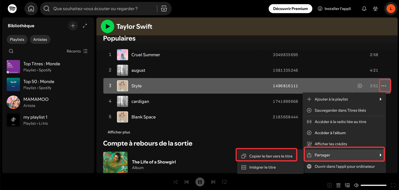 Copiez le lien d’un titre Spotify
