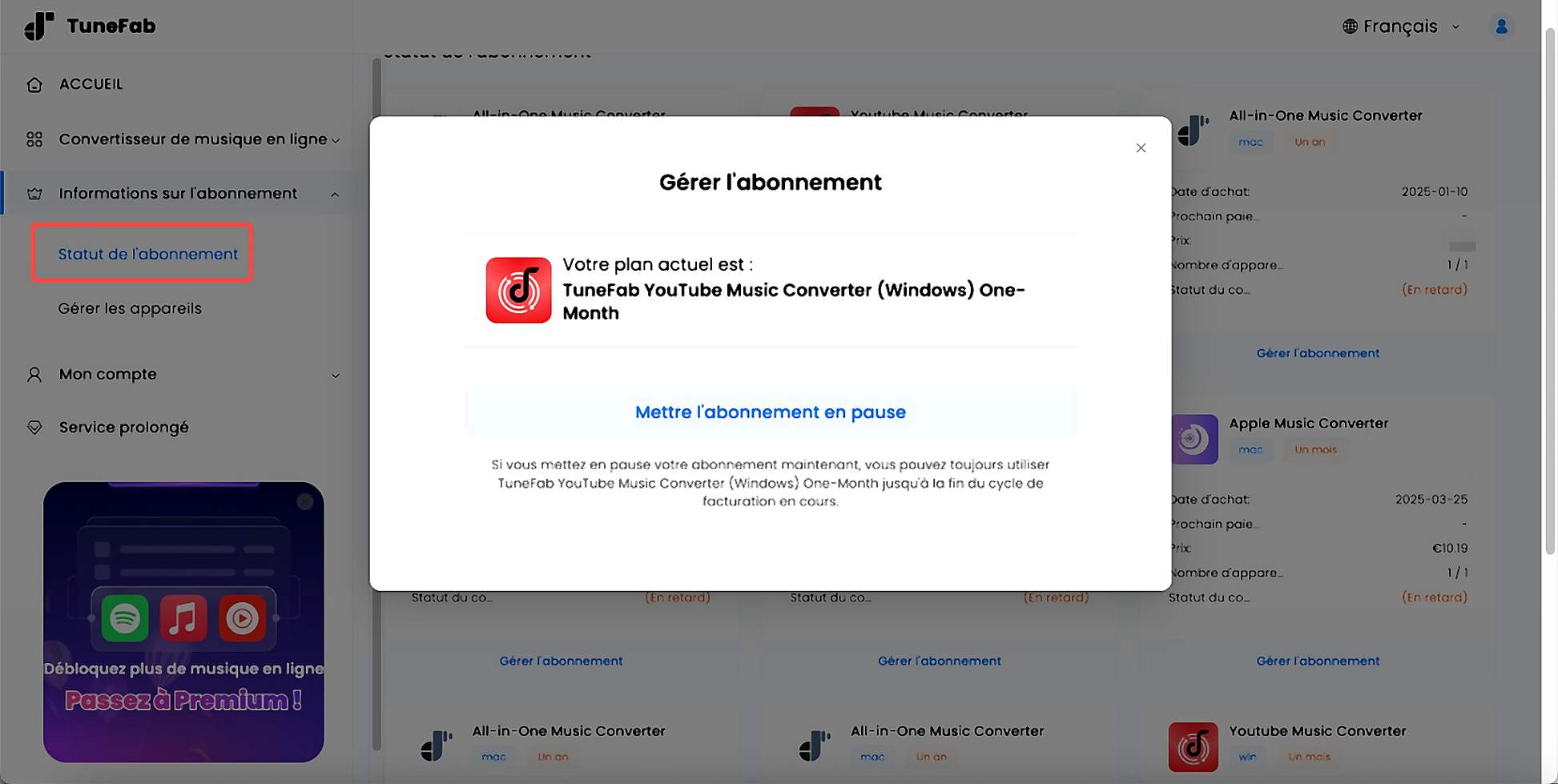 Gérer les abonnements TuneFab