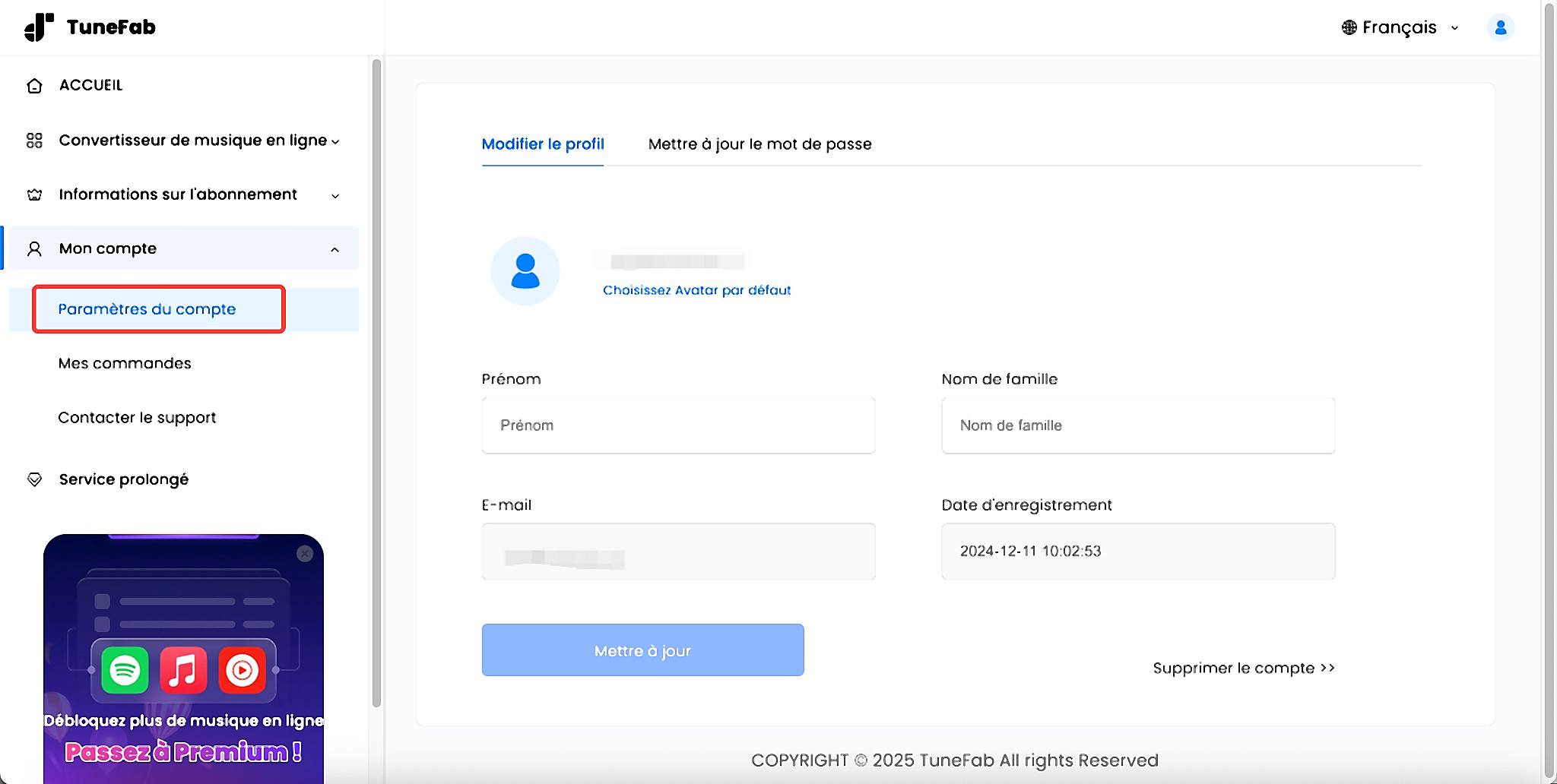 Modifier les informations personnelles dans le Centre de compte TuneFab