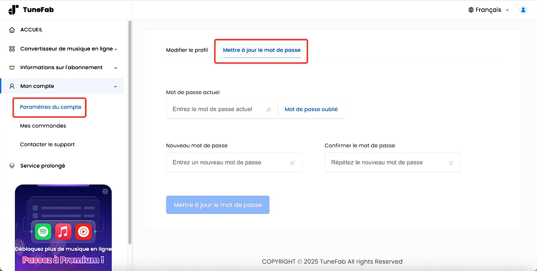 Réinitialiser le mot de passe de votre compte TuneFab