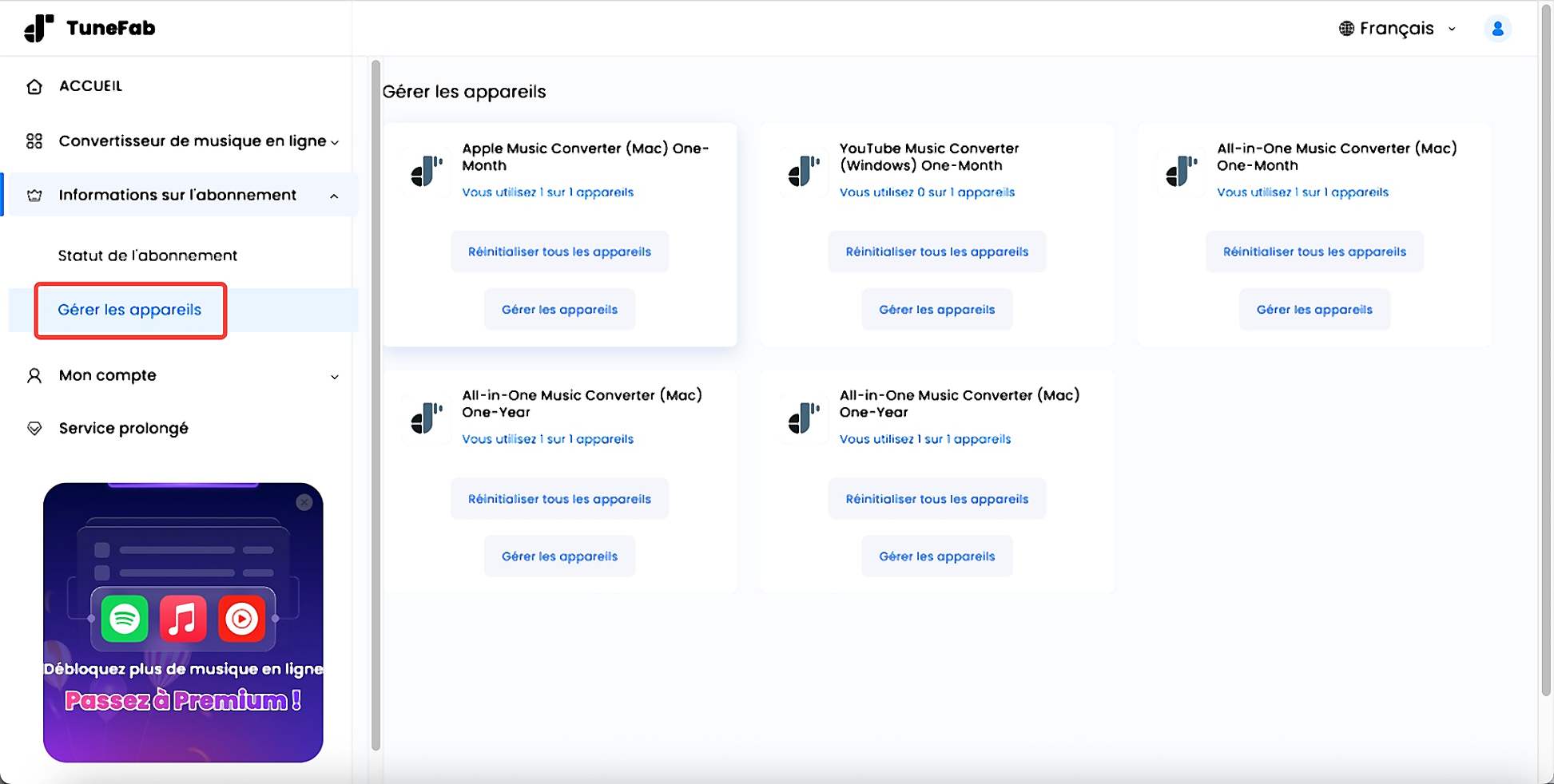 Gérer les appareils associés à vos offres TuneFab