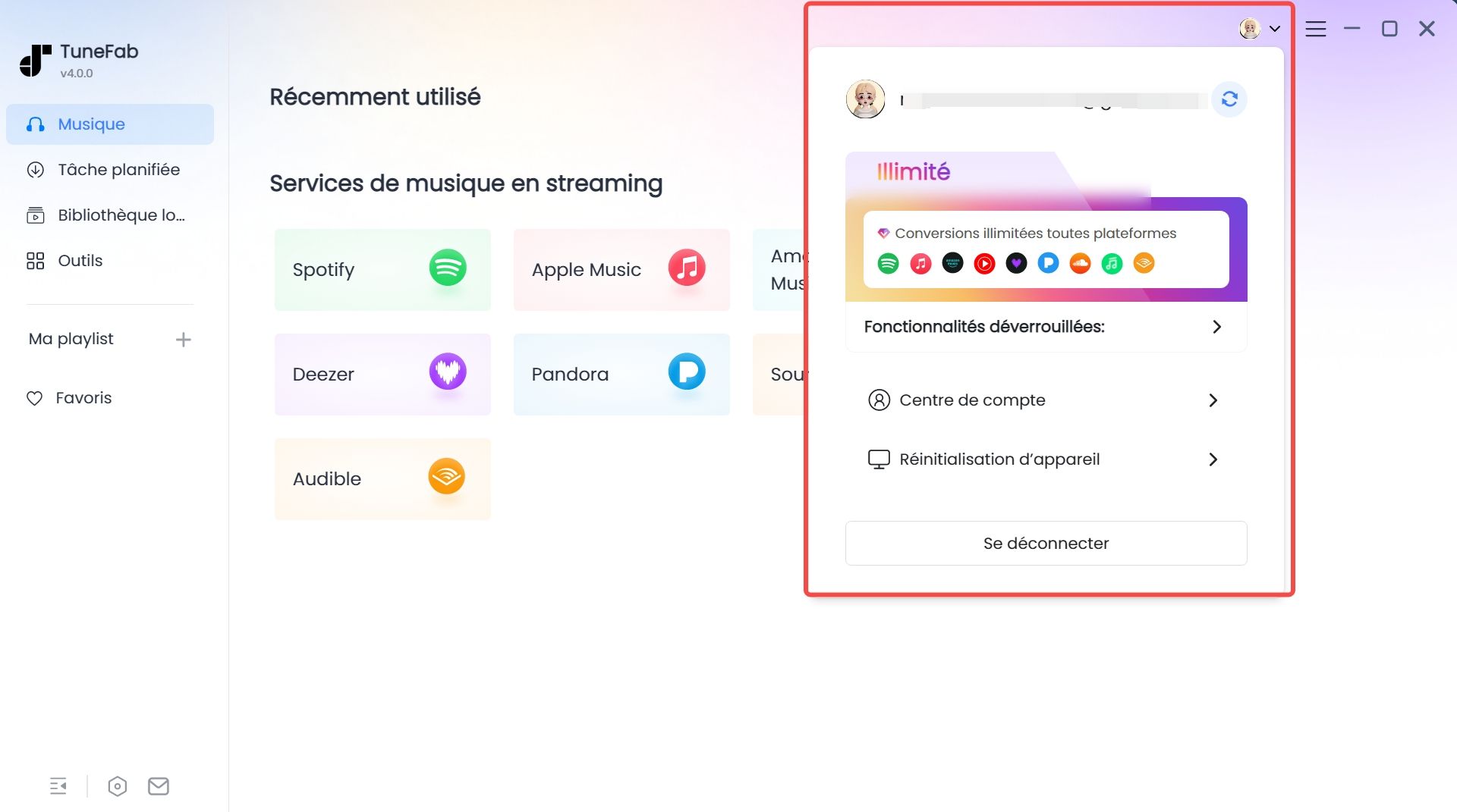 Accéder au Centre de compte TuneFab